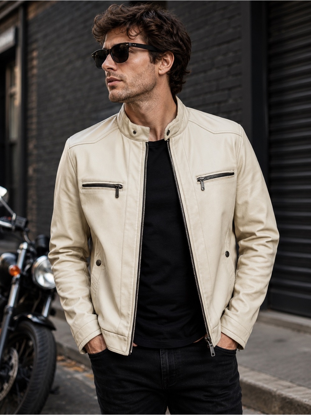 American Breed Faux Leather Moto Jacket Mens S Cream Off White Cafe Racer Jacket